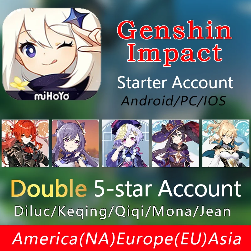 

Double 5 Star Characters Genshin Impact Starter Account America/Europe/Asia Keqing Diluc QiQi Jean Venti Mona Zhongli AR 5-10