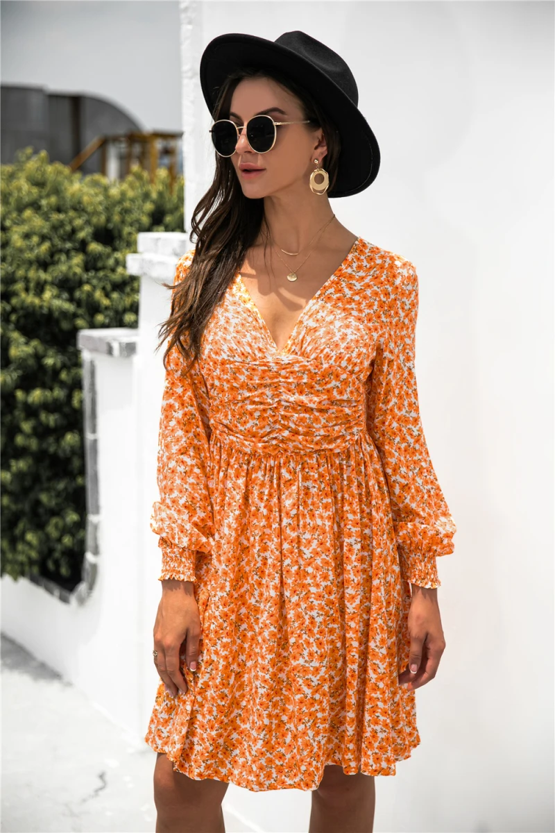 

New Autumn Elastic Waist Floral Printing Dress Women Casual V-neck Long Sleeve Pullover A-line Dresses