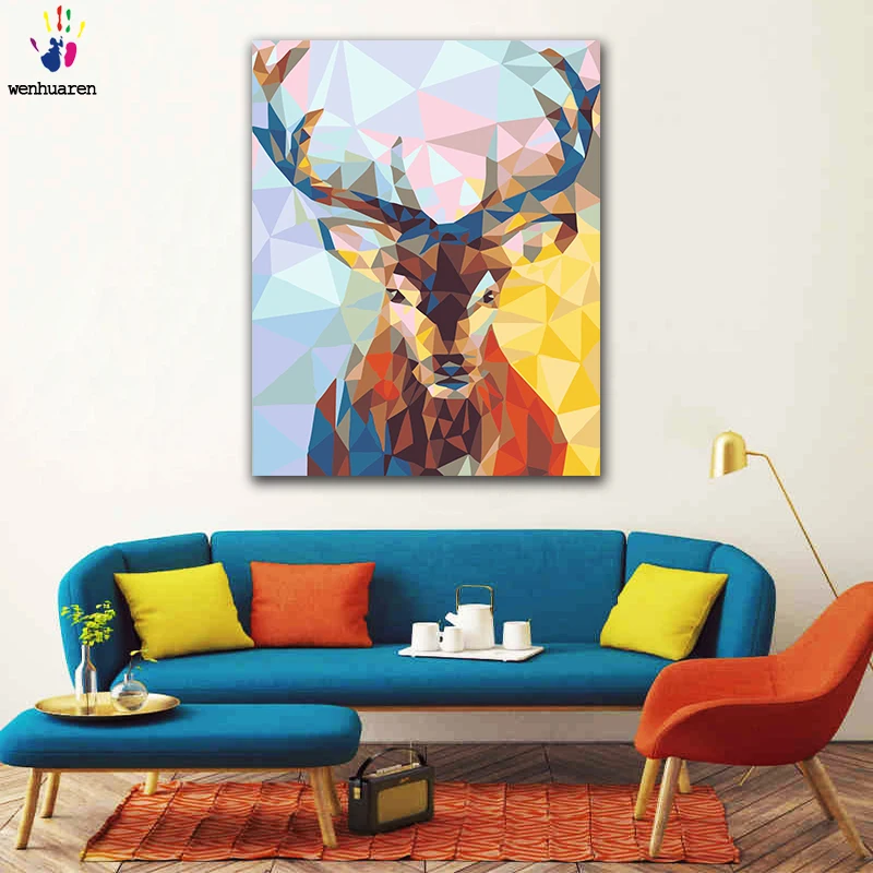 

DIY colorings pictures by numbers with colors Painted abstract rhombus elk picture drawing painting by numbers framed Home