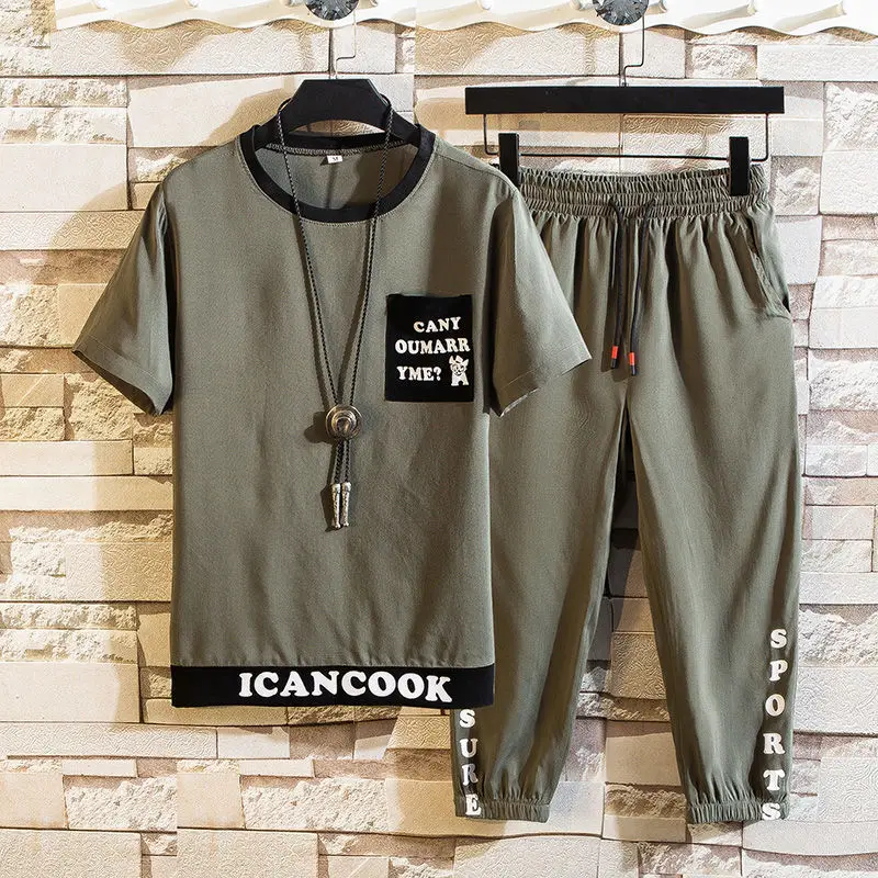 

2021 new T-shirt sport handsome youth trend two piece men's Capris suit men's fashion brand summer thin