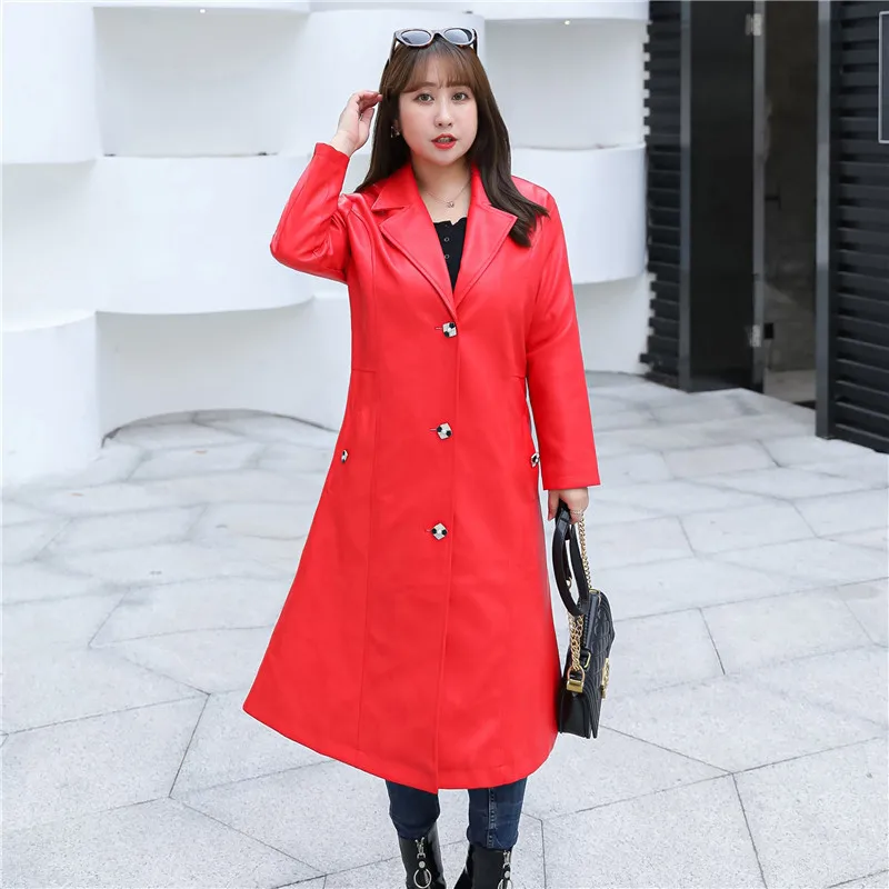 Spring Autumn 4XL To 8XL Oversized Long Trench Women Faux Leather PU Jacket Korean Style Long Coats with Sashes TA6333