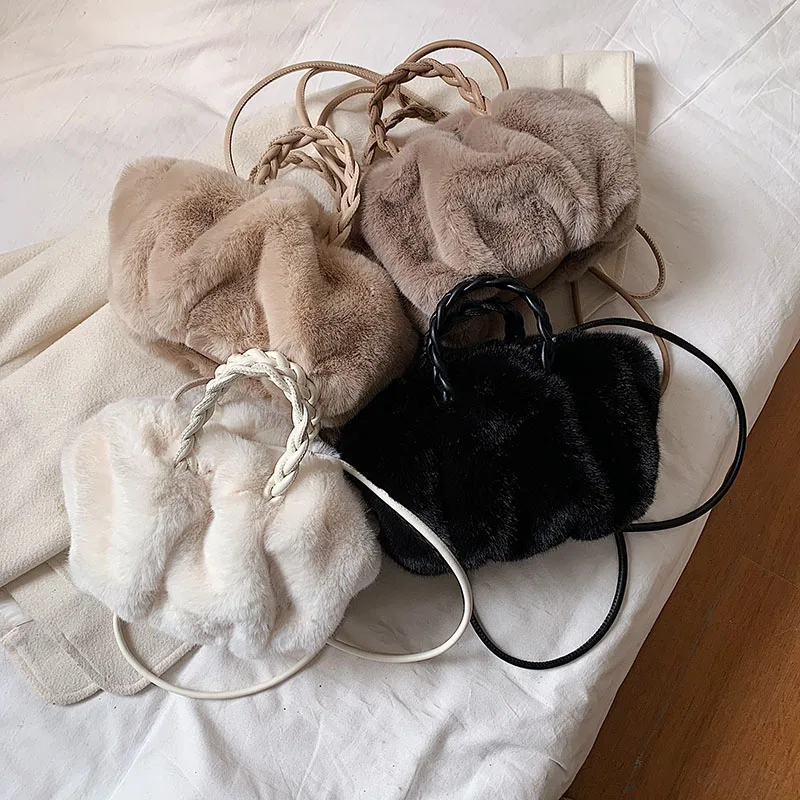 RIGHTSIDE Rope Handle Faux Fur Small Totes for Women Winter Designer Crossbody Bags Travel Branded Trendy Shoulder Handbag