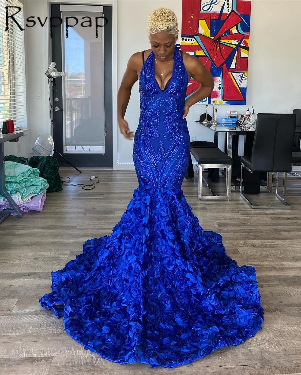 

Sparkly Sequin Royal Blue Mermaid Long Prom Dresses 2022 Designed Halter Sleeveless 3D Flowers African Girl Party Prom Dress