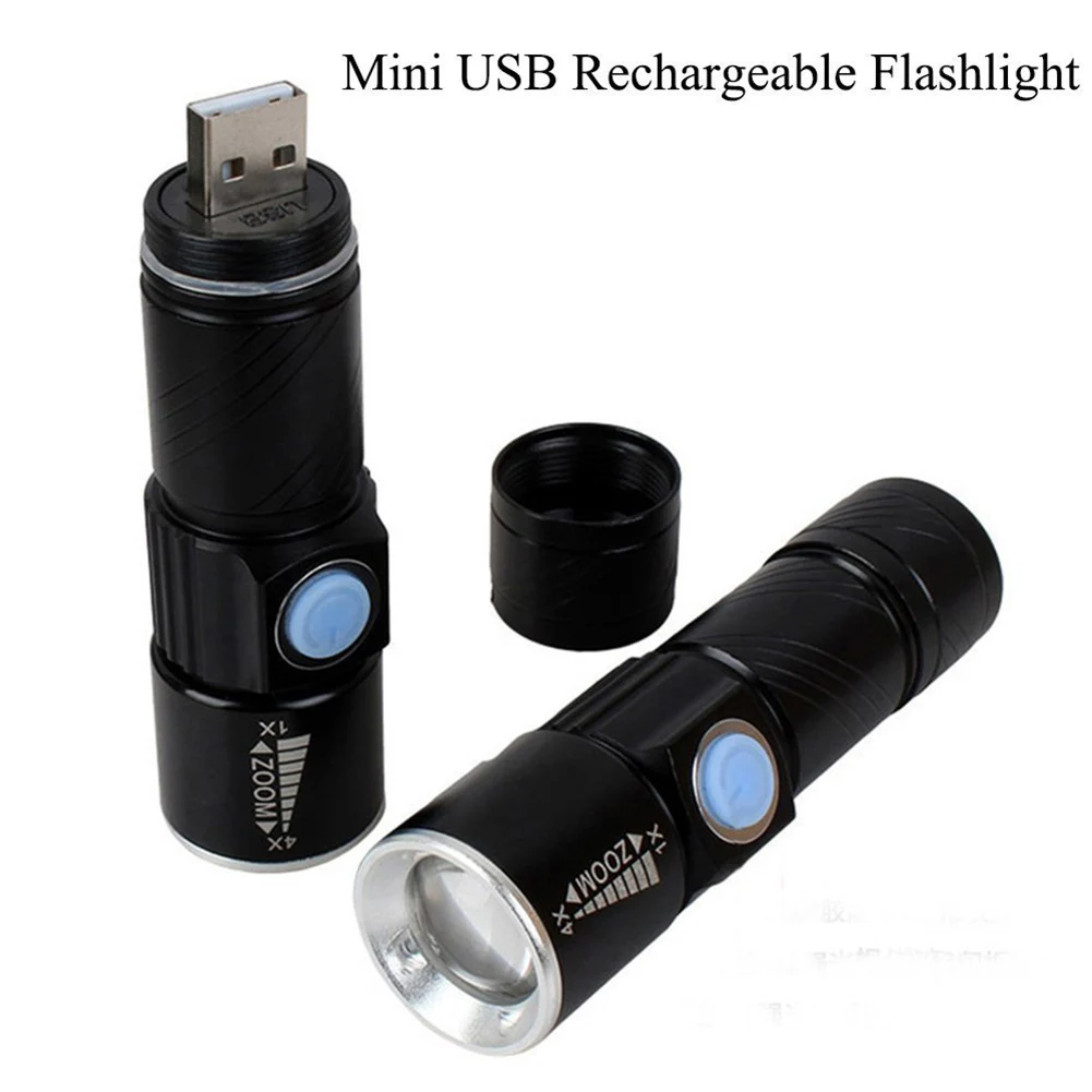 USB фонарик мощный ручной светодиодный с 3 режимами водонепроницаемый мини зумом