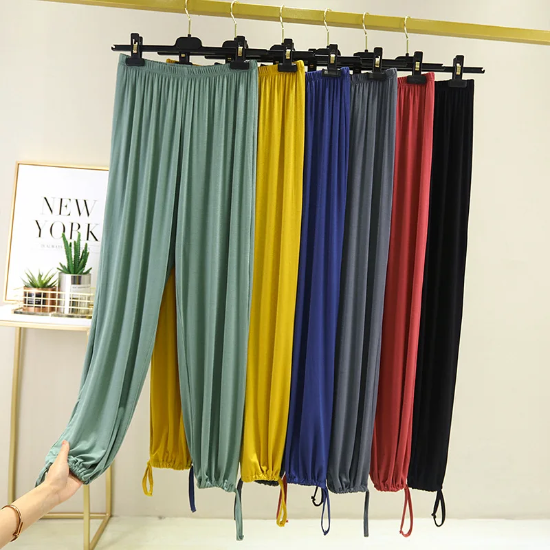 Женские свободные брюки до щиколотки хлопковые однотонные шаровары ярких цветов