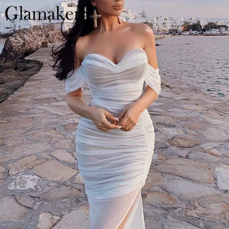 Женское прозрачное Сетчатое платье Glamaker белое Плиссированное вечернее с