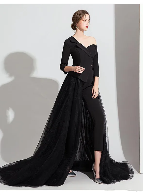 

2021 Black Evening Jumpsuit with Train Fashion Long Sleeve Off Shoulder Red Carpet Celebrity Occasion Prom Dress With Pant Suit