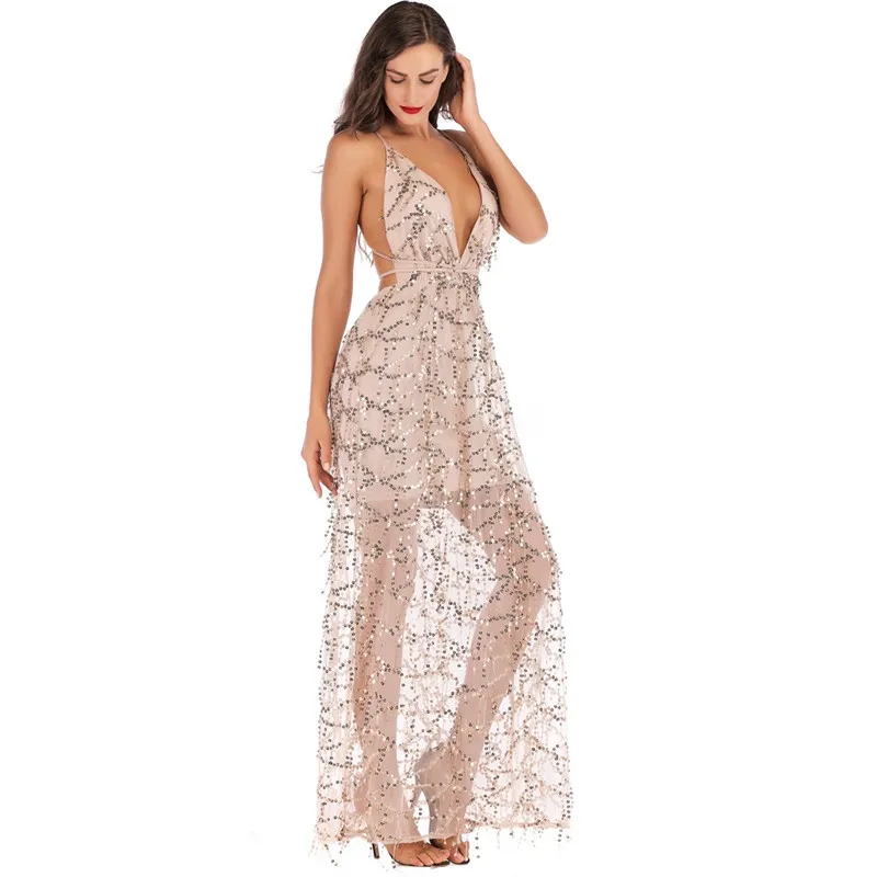 Женское Коктейльное Платье макси с v-образным вырезом блестками открытой спиной