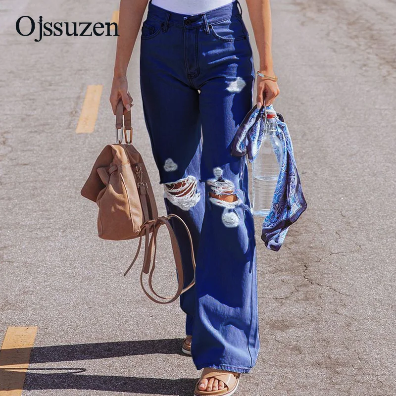 

high waist jeans pants women new 2021 ripped hole jean ladies casual trousers loose washed denim pants light blue