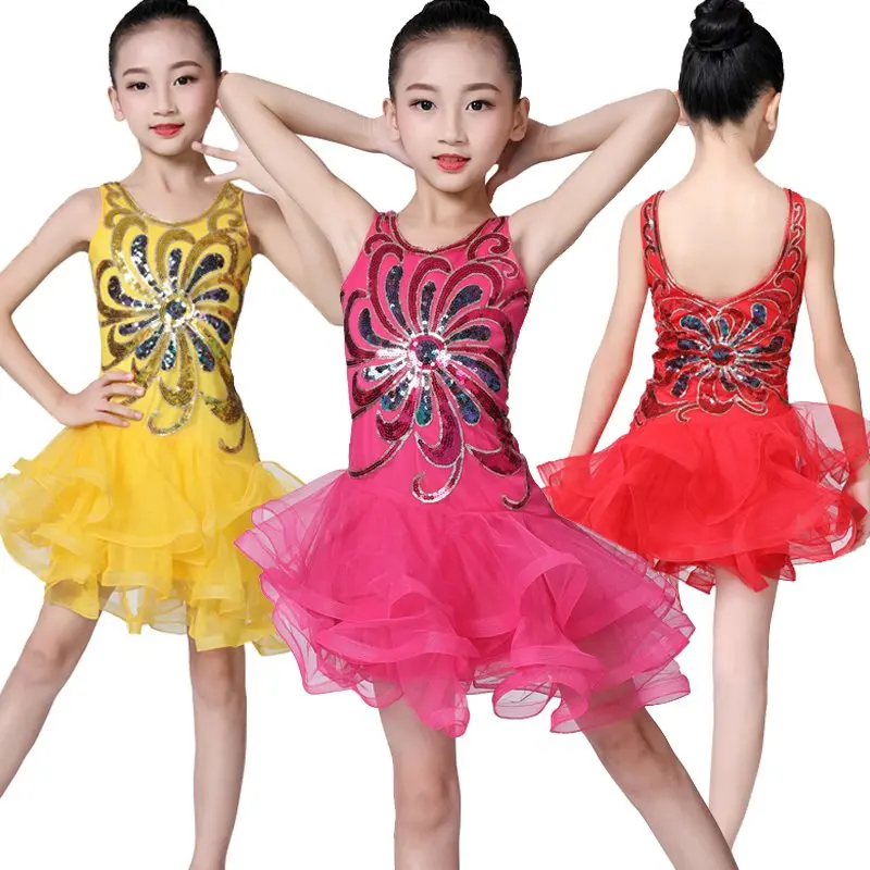 

Children's Girl Fashion Dance Dress Solid Sequins Mid Mesh Fluffy Children Costumes Latin Dance Performance Stage Dance Dress