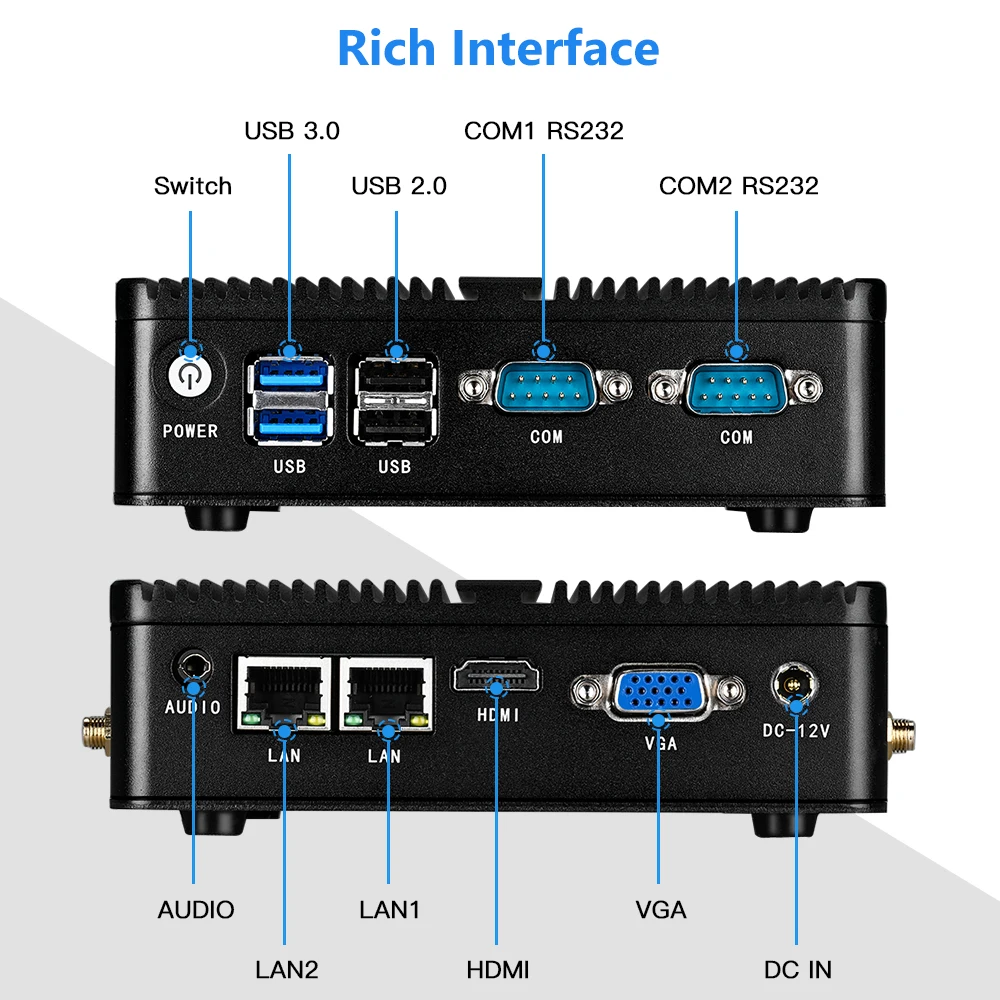 Мини-ПК без вентилятора Windows 10 Intel Celeron J1900 2 гигабитных порта Ethernet USB 0 3 LAN 8 ГБ ОЗУ 128
