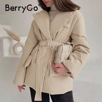 berrygo za sheath belt women winter parka solid causal pocket long sleeve ladies coat fashion office short top coat jackets 2021