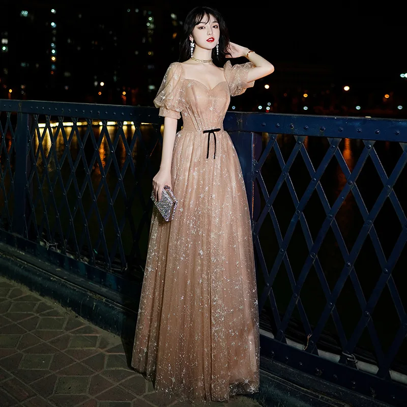 

Champagne Evening Dress for Women 2021elegant Fairy Dream Look Thin and Long Birthday Party Banquet Prom Vintage Skirt A101
