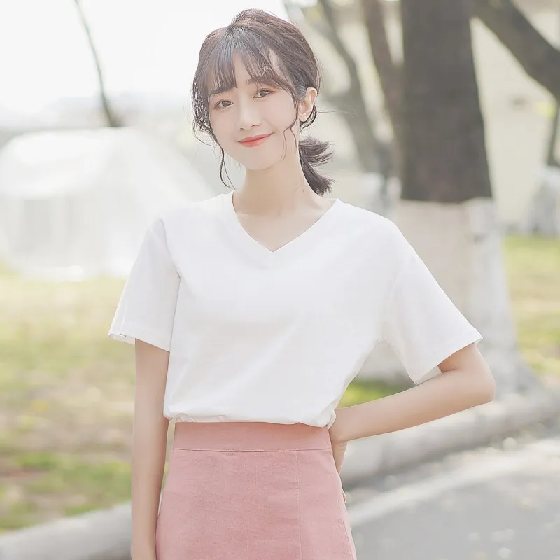 Шикарная Однотонная футболка цвета хаки Новинка лета 2021 свободная с V образным