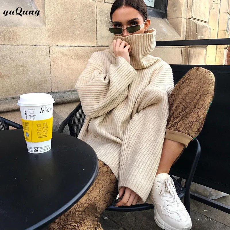 yuqung autumn winter split Sweater Women Turtleneck long sleeve Knitted loose Sweaters And Pullovers Knitwear Female Jumper | Женская