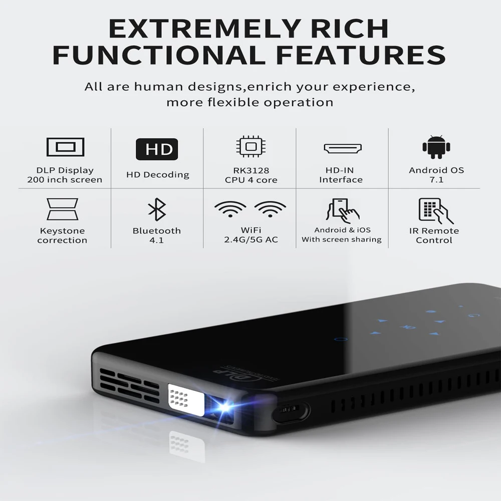Мини-проектор X2 DLP Android 7.1RK3128 1 ГБ/2 ГБ ОЗУ 8 ГБ/16 Гб ПЗУ 5G WIFI Bluetooth4.0 1080P домашний