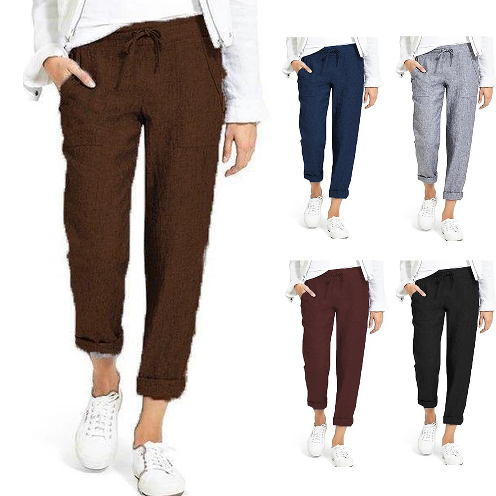 

Women Pants 2020 Women Solid Color Tapered Elasticated Waistband Trousers Pants Lace up Loose Streetwear Cargo Pants