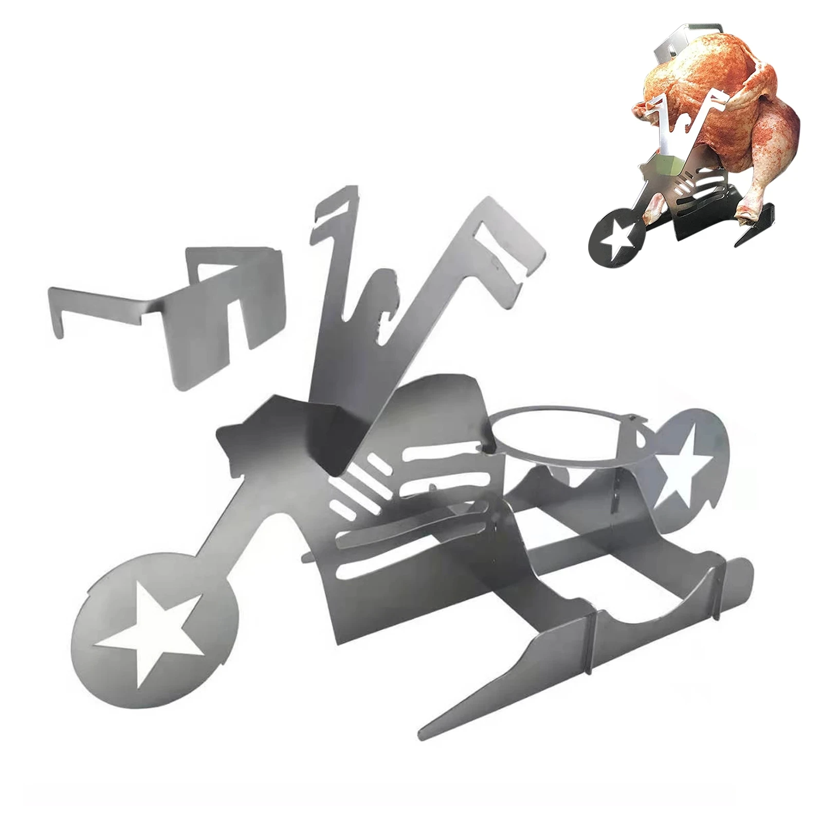 

Portable Chicken Stand Motorcycle BBQ Grill Rack with Glasses with Pan for Indoor Outdoor Camping Picnic Garden Party