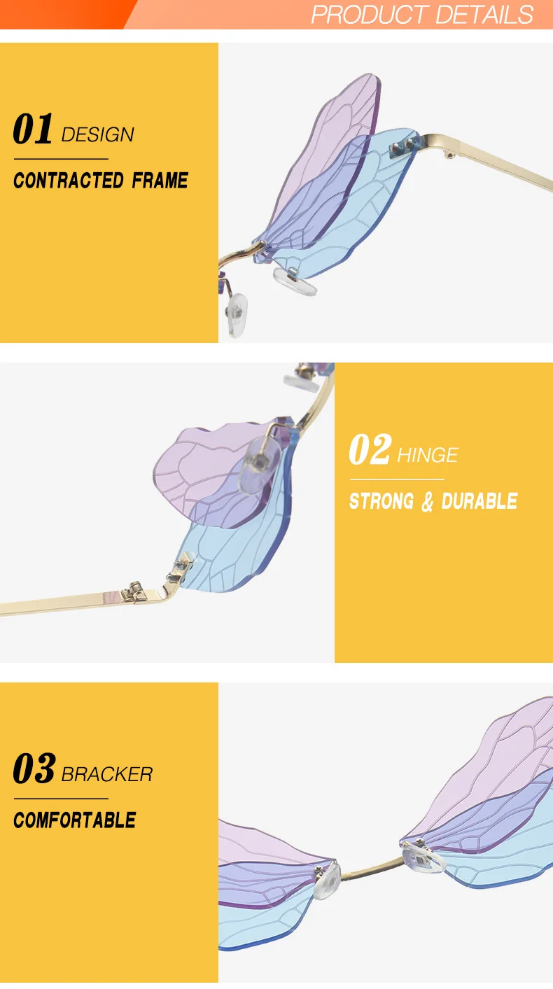 

2021 New Fashion Dragonfly Sunglasses Women Men Brand Design Rimless Wave Eyewear Luxury Trending Narrow Sun Glasses