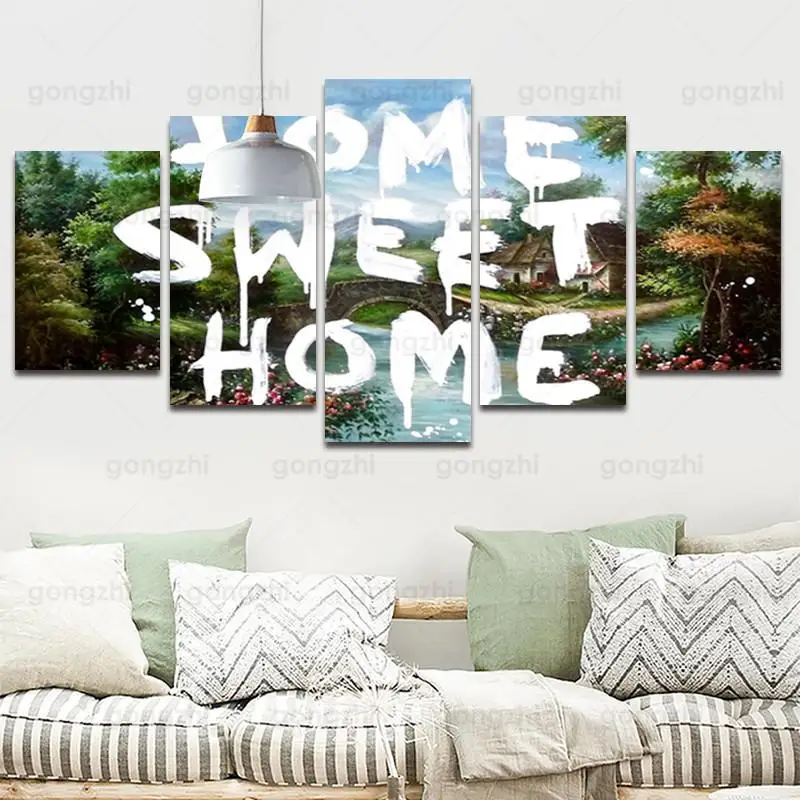

Abstract Green Plant Landscape White Printing Letters Sweet Home Decoration Poster Home Frameless Canvas Printing Wall Painting