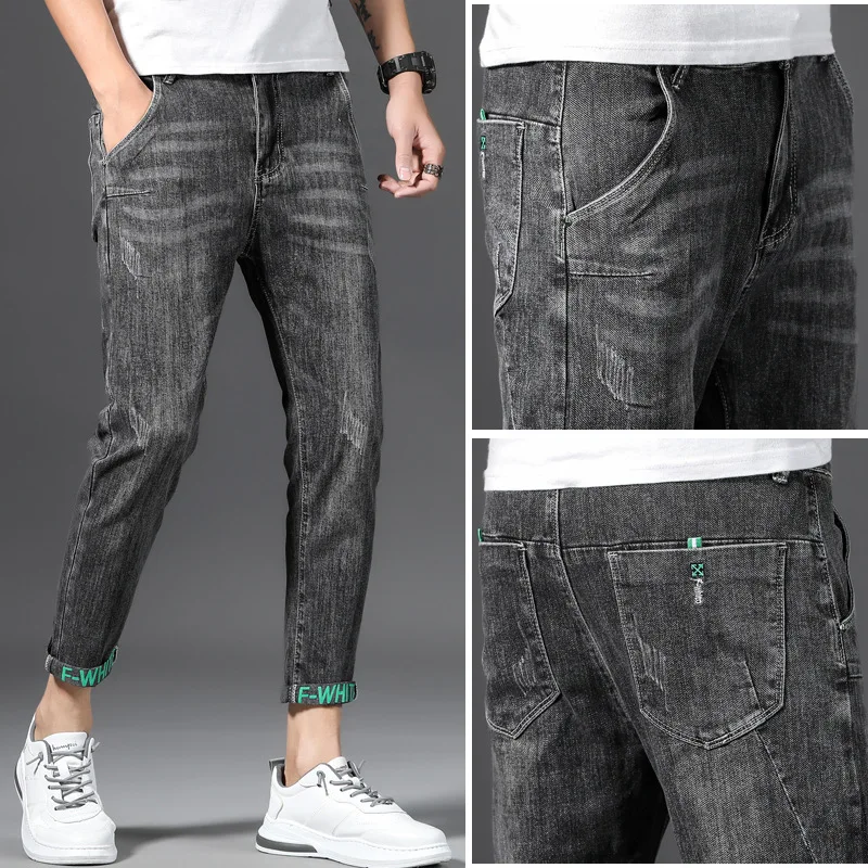 

Stitching jeans men's 2020 new summer ultra-thin Korean stretch slim feet pants men's black