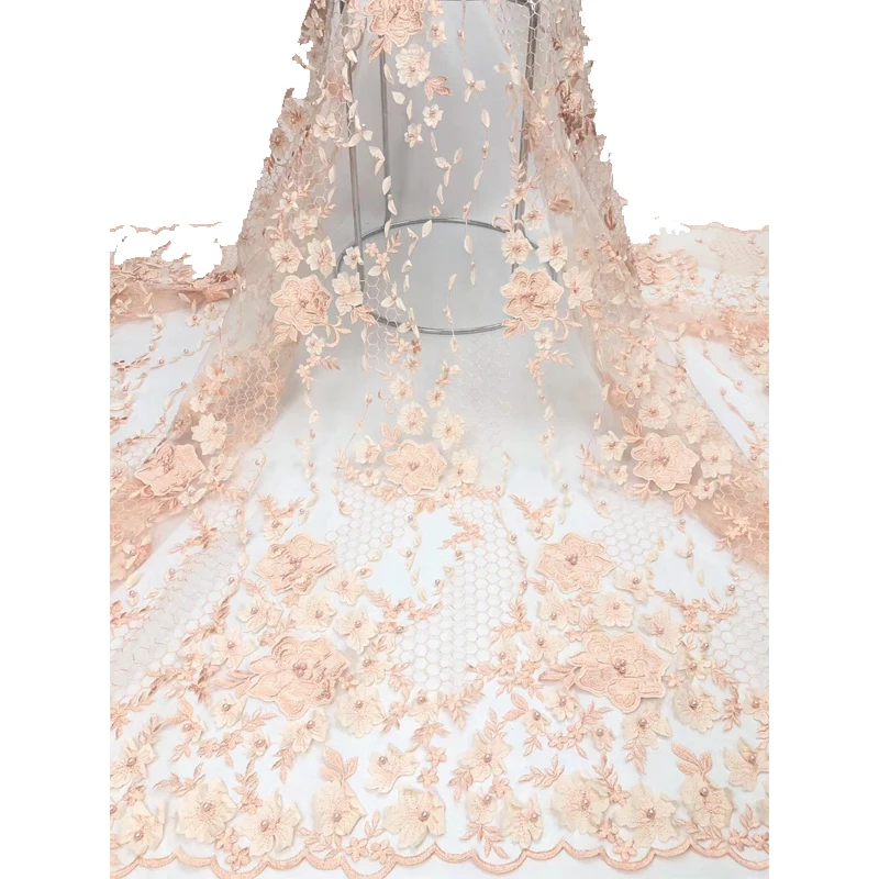 

Lace Fabric 2020 High Quality Solid Flowers Embroidery With Beads Mesh White Tulle Polyester Fabrics For Wedding Party Dress