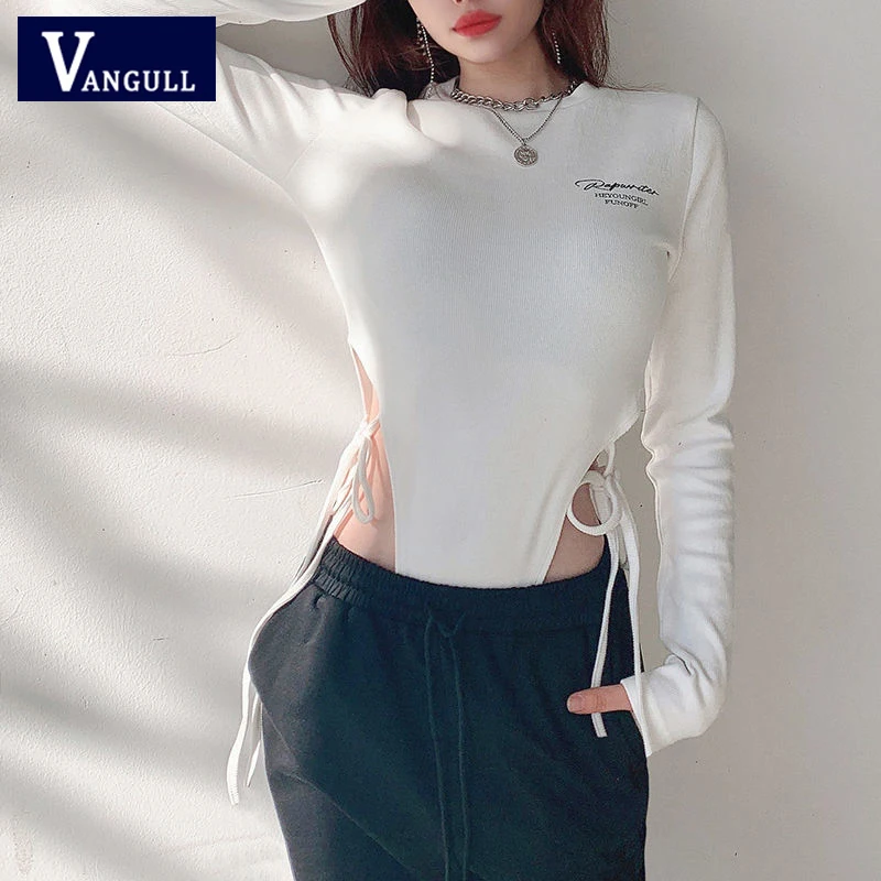 

Vangull Sexy Bandage Letter Printing Bodysuit Women 2021 Spring O-Neck Hollow Out Slim Long Sleeve Fashion Jumpsuit Solid Tops