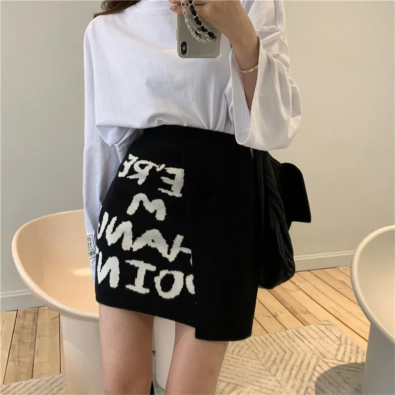 

2021 Korean New Knitted Skirt Women Autumn And Winter Irregular Elastic Waist A-Line Short Skirt Black High Waist Slim Skirt