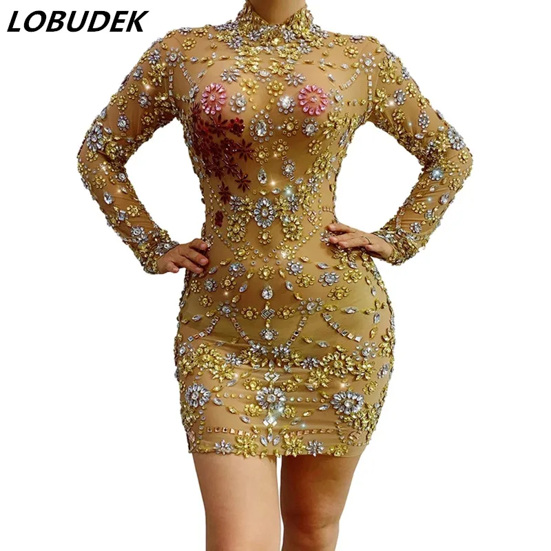 

Luxury Gold Rhinestones Mesh Wrap Hips Short Dress Women Birthday Celebrate Prom Party Crystals Stage Wear Singer Sexy Costume