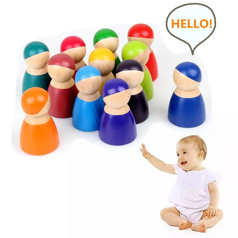 

Montessori Set Of 12 Rainbow Friends Peg Dolls Wooden Pretend Play People Figures Baby Toy Environmental Safety Paint
