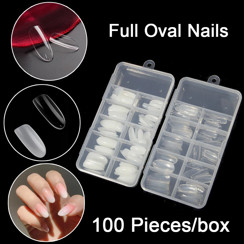 

100 Pieces/box Oval Full Cover False Nail Tips Long Acrylic Artificial Nails Round 10 Sizes Press On Nails Art Long Salon Tips