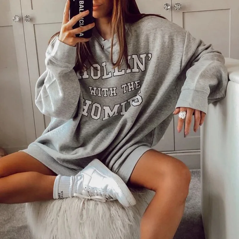 

Streetwear Women Hoodie Gray Letter Printing Sweatshirts Temperament Casual Hoodies Long-sleeved Round Neck Sweatshirt Pullovers