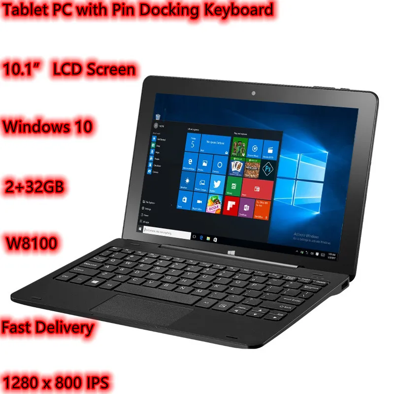 

10.1 inch 32-bit OS W8100 Windows 10 Tablet PC with Pin Docking Keyboard Z8350 2GB+32GB 1280x800 IPS WIFI HDMI-compatible GPS