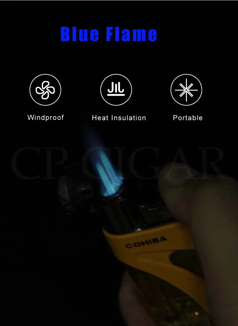COHIBA фонарь газовая зажигалка карманная Ветрозащитная 2 струйная Зажигалка для сигар наружная металлическая газовая зажигалка многоразовые аксессуары для сигар