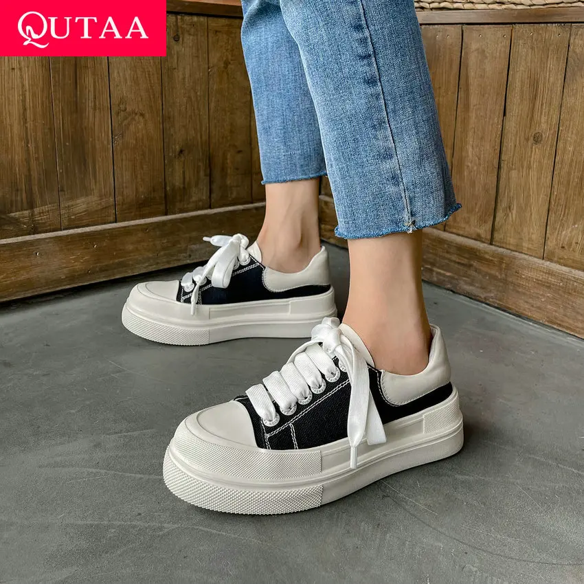 

QUTAA 2021 Wedge Heel Lace Up Female Shoes Patchwork Linen Genuine Leather Sneakers Platform Round Toe Women Pumps Size 34-39