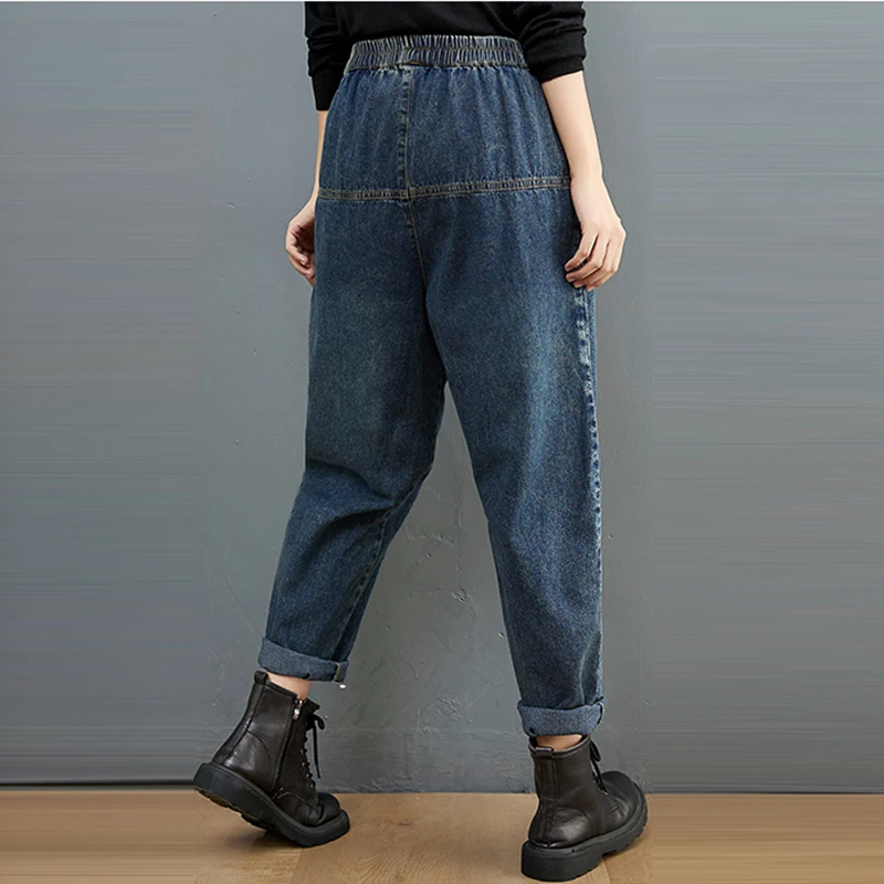 New Retro Blue Black Jean Mom Femme Winter Loose Baggy Big Size Denim Trousers Casual Elastic Waist Boyfriend Jeans For Women