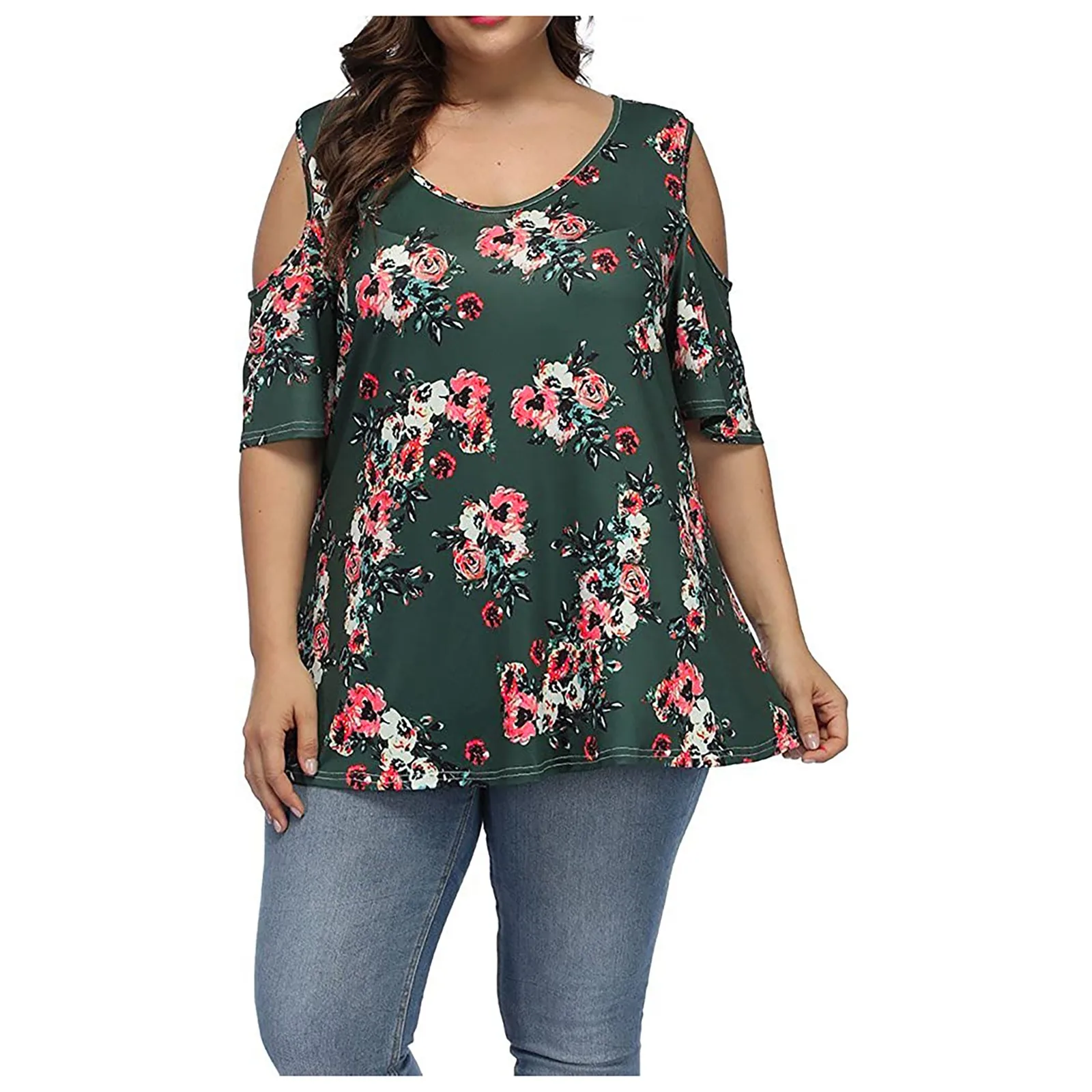 

40# Plus Size Floral Print Tshirt Women Off-shoulder Short Sleeve Round Neck Tunic T-shirt Female Vintage Casual Summer Tshirt