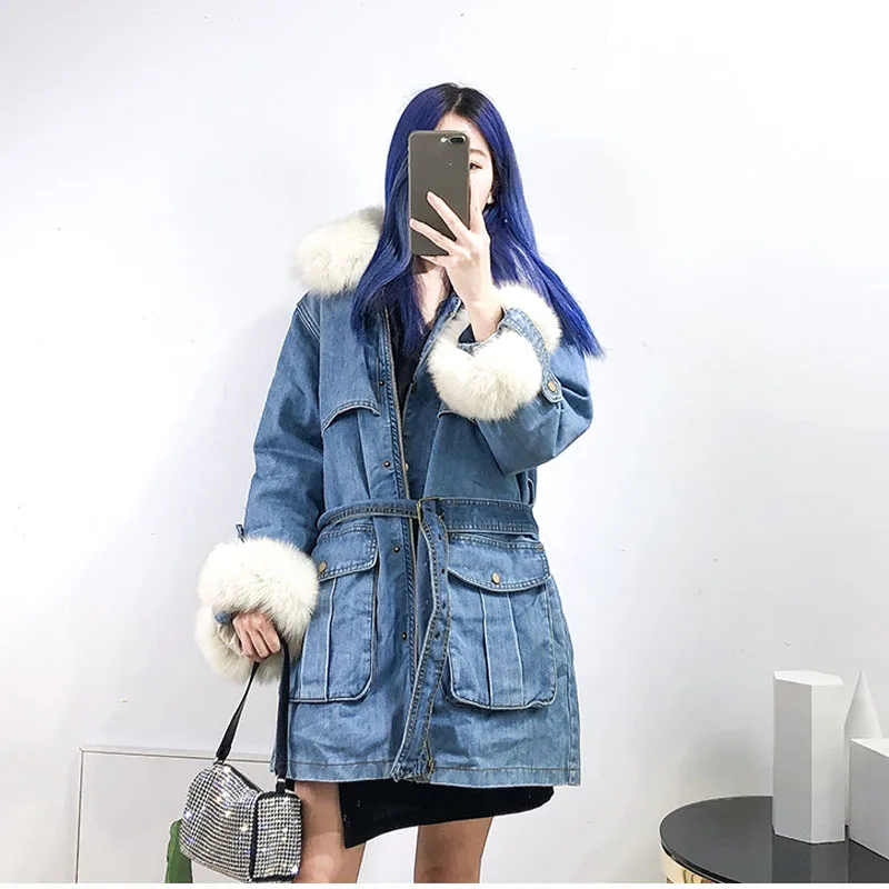 Real Natural Fox Fur Collar New Down Parka Women Winter Jacket Detachable White Duck Down Liner Denim Jacket Warm Coat