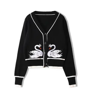 Женский кашемировый кардиган, тонкий вязаный жакет средней длины с Лебединым принтом и V-образным вырезом