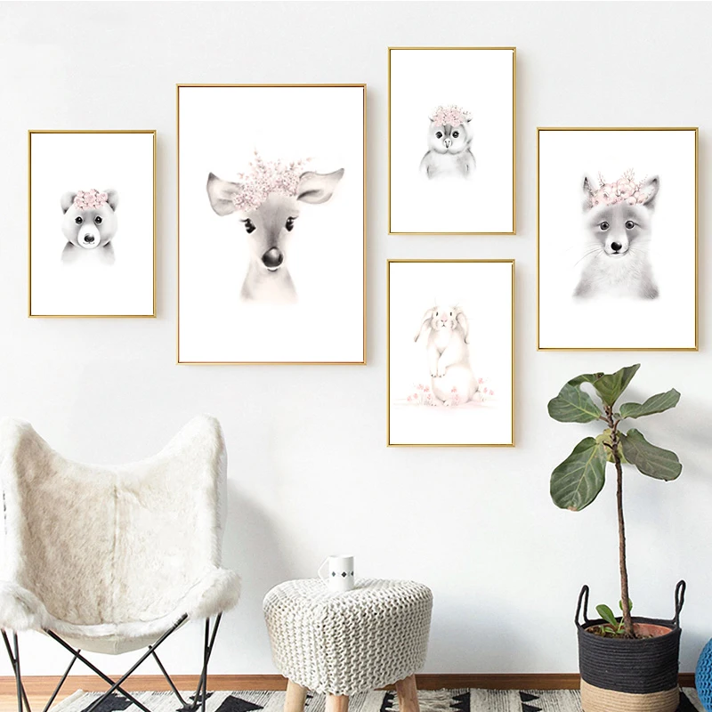 

Pink flower Elephant Giraffe Child Poster Animal Wall Art Canvas Nursery Print Painting Nordic Kid Baby Room Decoration Picture