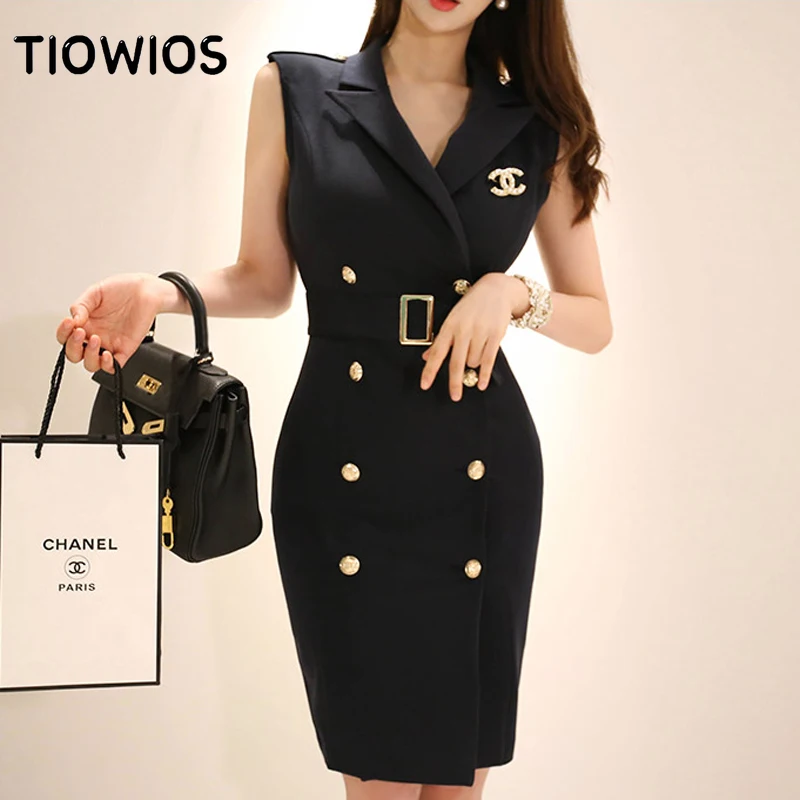 

TIOWIOS 2021 Woman Summer New Korean Ol Temperament Double Breasted Suit Collar Slim Waist Bag Hip Dress Women