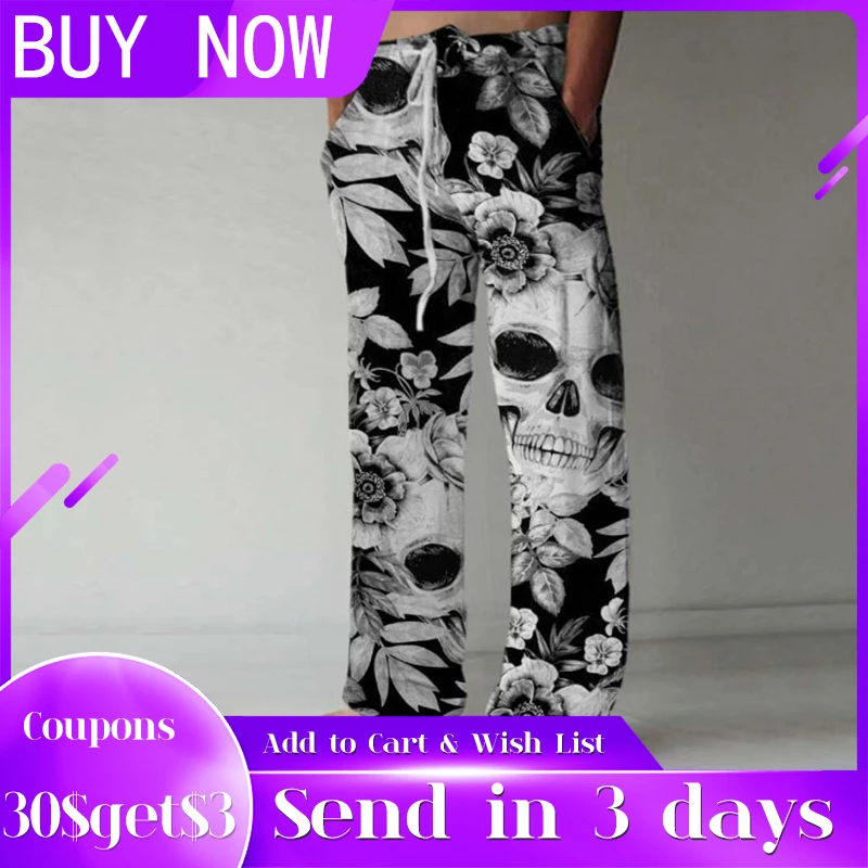 

Men's Casual Pants Gothic Flower Print High Waist Lace-Up Full Length Straight Loose Long Trousers Summer Wide Leg Pants Fashion