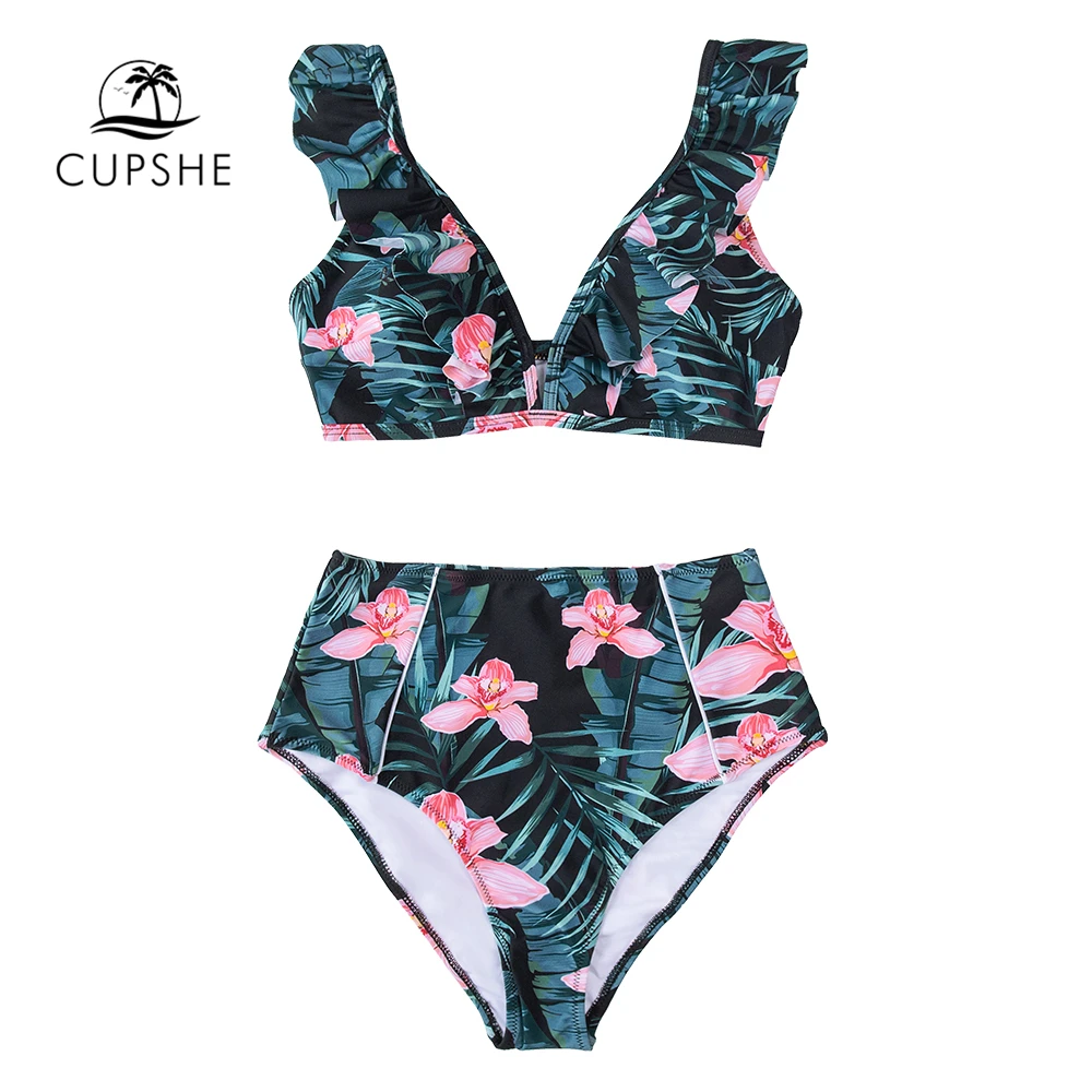 CUPSHE зеленый цветочный гофрированный комплект бикини с высокой талией купальник