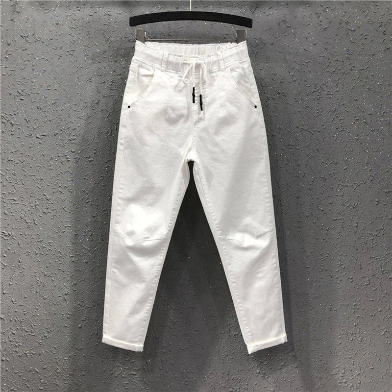 

Spring Summer Women Cotton Denim Pants Plus Size Elastic Waist Loose Harem Pants Female Casual Ankle-length White Jeans D317