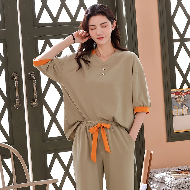 

Summer 100% Cotton Women Pajamas Set Pijama Mujer Short Sleeve Thin Casual Sweet Cute Big Size M-4XL Sleepwear Female Pyjamas