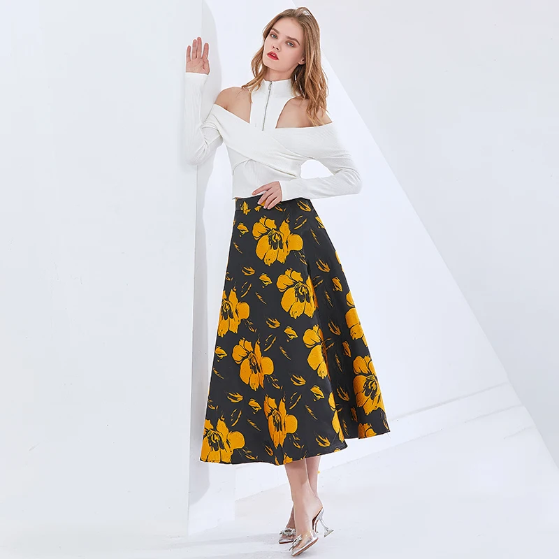 

TWOTWINSTYLE Print Floral Hit Color Skirt For Women High Waist Vintage Midi Skirts Female Fashion New Clothing 2021 Spring Tide