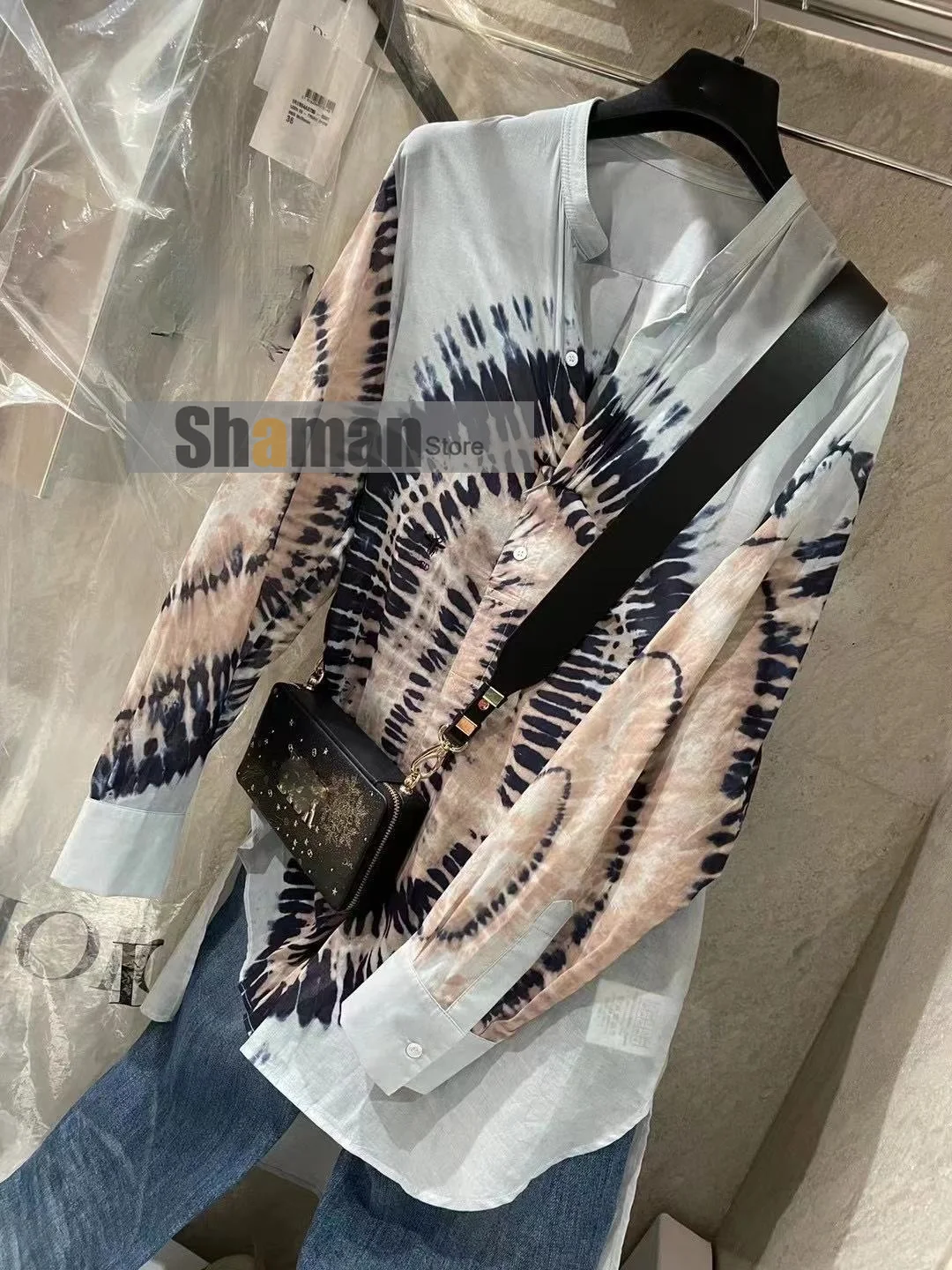 

luxury design 2021 branded sheer Cotton Shirt Tie Dye Ink classic Print long Shirts blouse Women Loose Stand Collar Top blouses