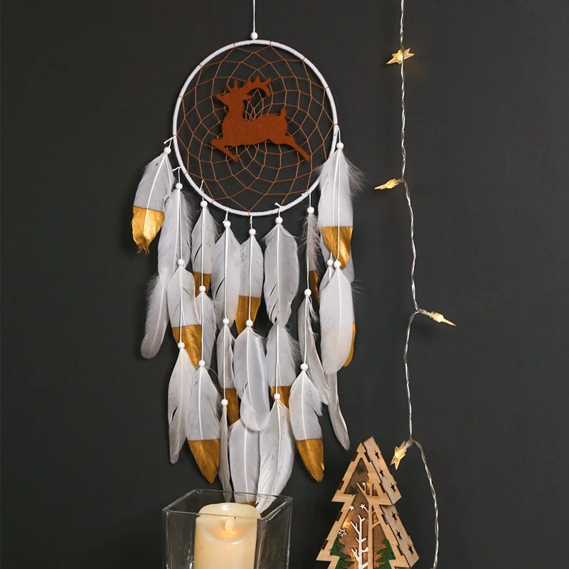 

Christmas Dream Catcher Handmade Xmas Elk Dreamcatcher with Feathers Wall Hanging Decoration Home Dream Pendant