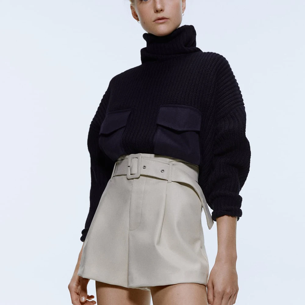 Женские кожаные шорты ZA черные и белые декоративные из искусственной кожи