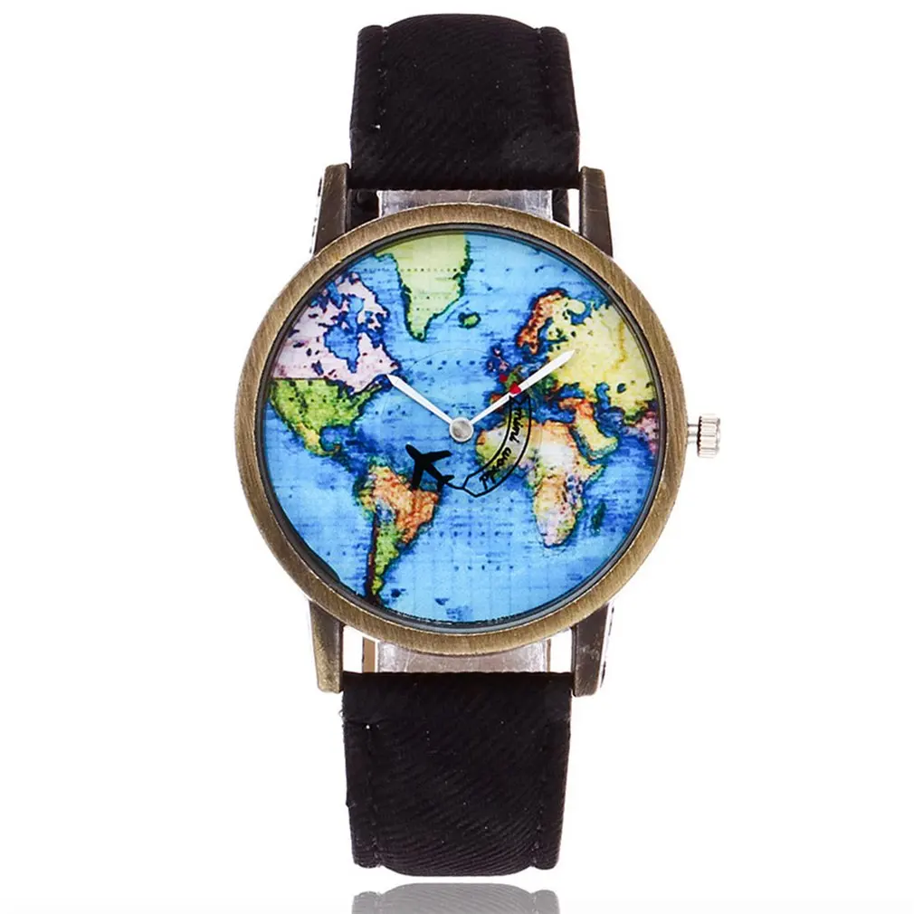 Коровья ткань джинсовый ремешок Синий мир в форме карты стеклянные наручные часы